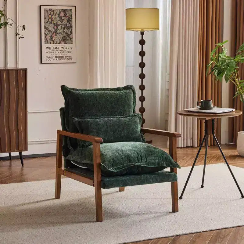 Fauteuil d'appoint en chenille avec oreiller lombaire – Structure en bois massif, revêtement en velours