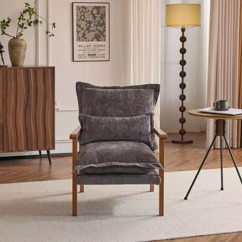 Fauteuil d'appoint en chenille avec oreiller lombaire – Structure en bois massif, revêtement en velours