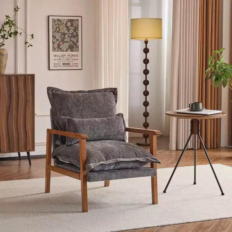 Fauteuil d'appoint en chenille avec oreiller lombaire – Structure en bois massif, revêtement en velours