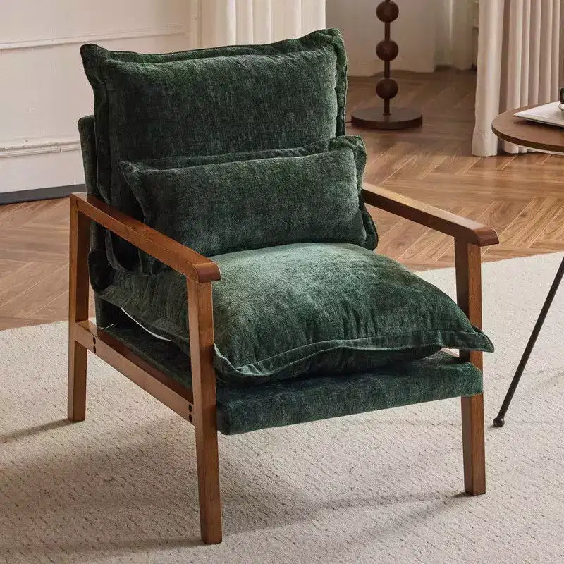 Fauteuil d'appoint en chenille avec oreiller lombaire – Structure en bois massif, revêtement en velours