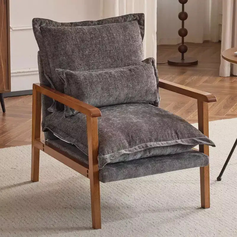 Fauteuil d'appoint en chenille avec oreiller lombaire – Structure en bois massif, revêtement en velours