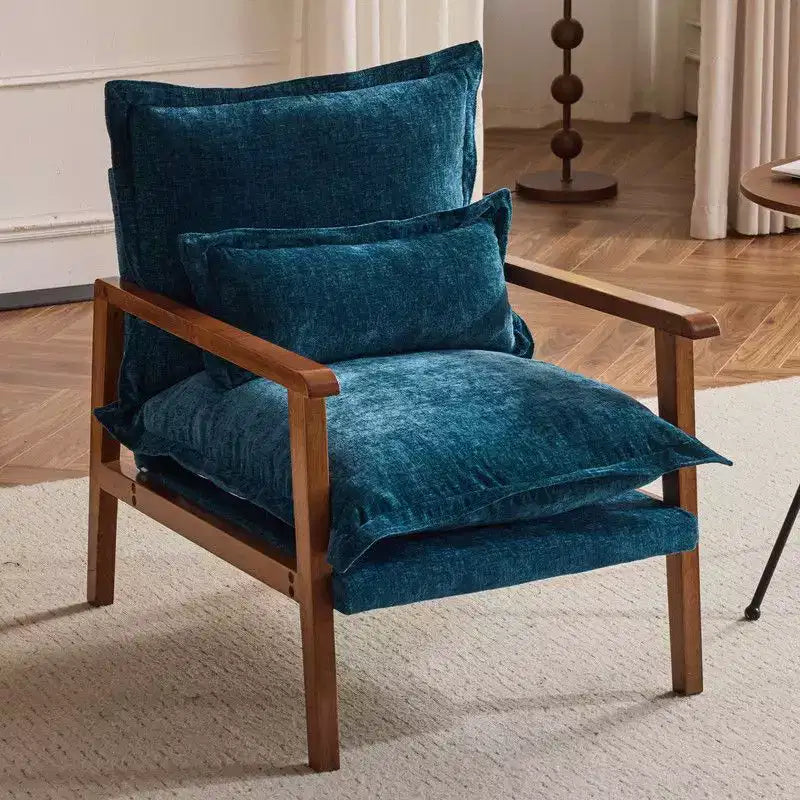 Fauteuil d'appoint en chenille avec oreiller lombaire – Structure en bois massif, revêtement en velours