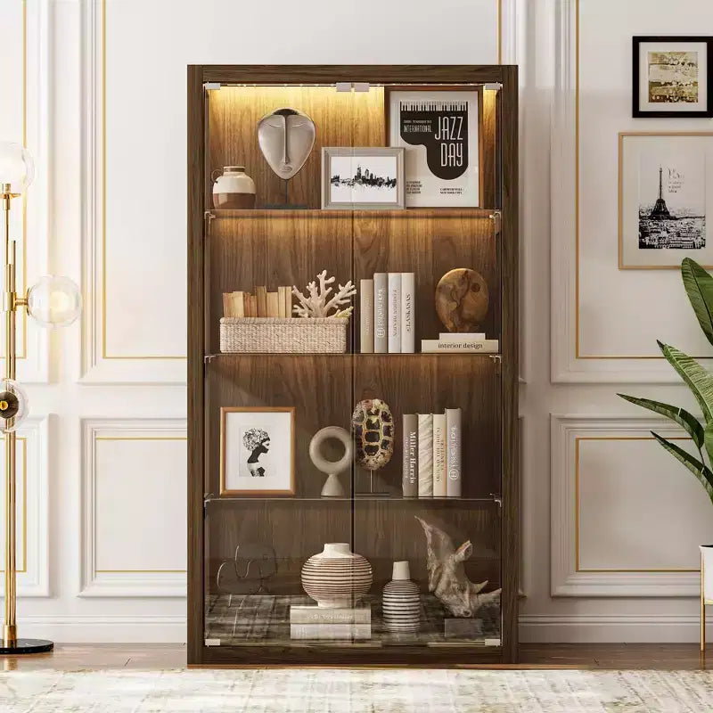 Famapy Brown Glass Cabinet Display Cabinet with LED Lights and Press-to-open Doors