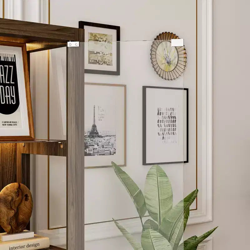 Vitrine en verre avec lumières LED et portes à ouverture par pression – 160 cm H, marron