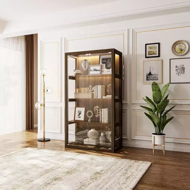 Vitrine en verre avec lumières LED et portes à ouverture par pression – 160 cm H, marron