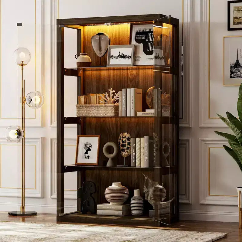 Vitrine en verre avec lumières LED et portes à ouverture par pression – 160 cm H, marron