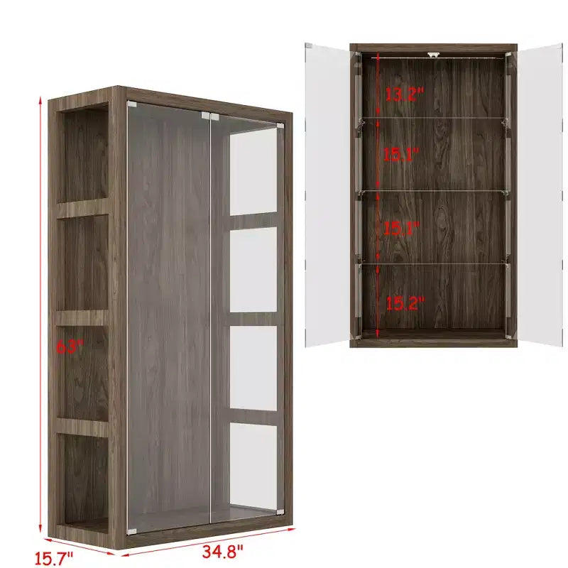 Vitrine en verre avec lumières LED et portes à ouverture par pression – 160 cm H, marron