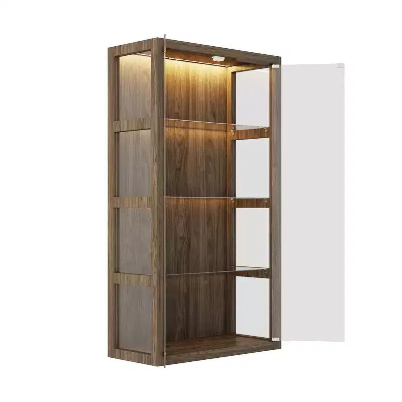 Vitrine en verre avec lumières LED et portes à ouverture par pression – 160 cm H, marron