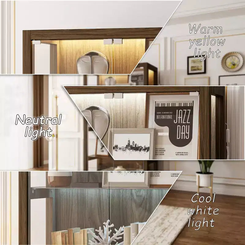 Vitrine en verre avec lumières LED et portes à ouverture par pression – 160 cm H, marron