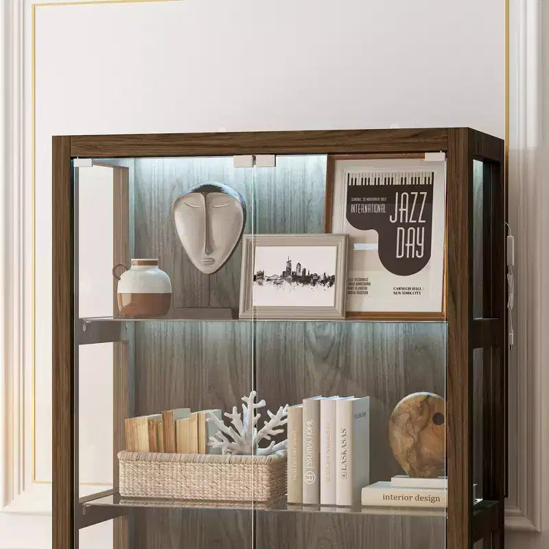 Vitrine en verre avec lumières LED et portes à ouverture par pression – 160 cm H, marron