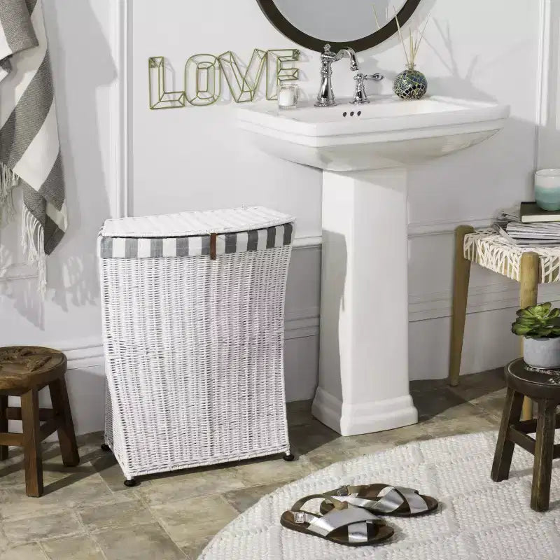 Panier à Linge en Rotin avec Couvercle – Blanc, Cadre Acajou, 75 Litres