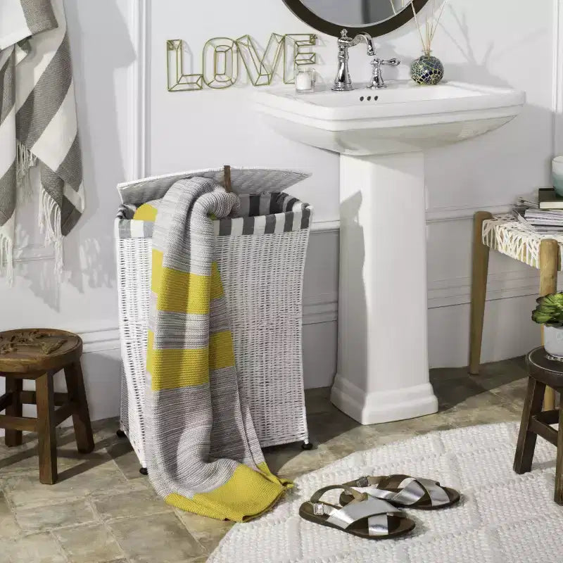 Panier à Linge en Rotin avec Couvercle – Blanc, Cadre Acajou, 75 Litres