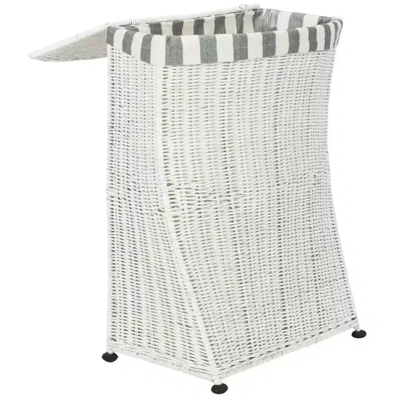 Panier à Linge en Rotin avec Couvercle – Blanc, Cadre Acajou, 75 Litres