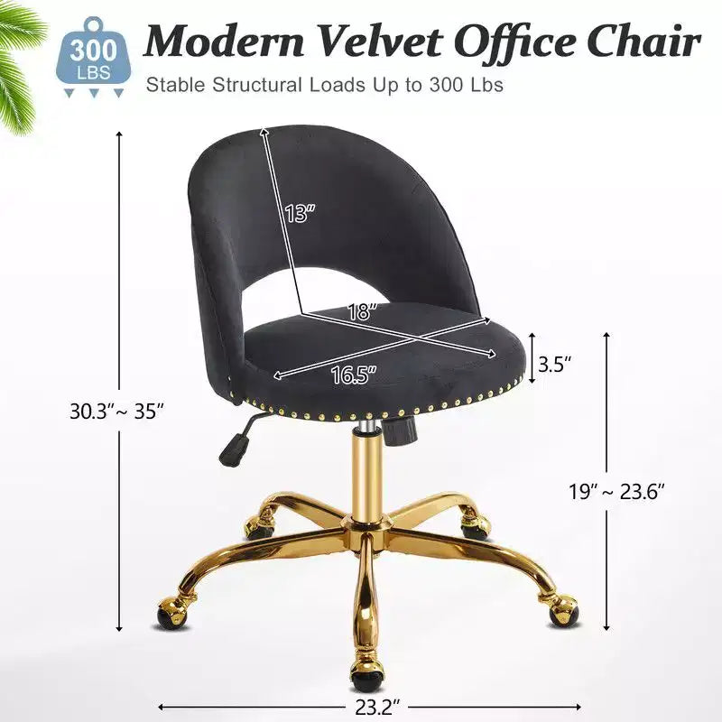 Fauteuil de bureau en velours – Hauteur réglable 48-58 cm, pivotant à 360°, 150 kg, avec roulettes