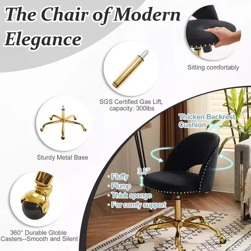 Fauteuil de bureau en velours – Hauteur réglable 48-58 cm, pivotant à 360°, 150 kg, avec roulettes