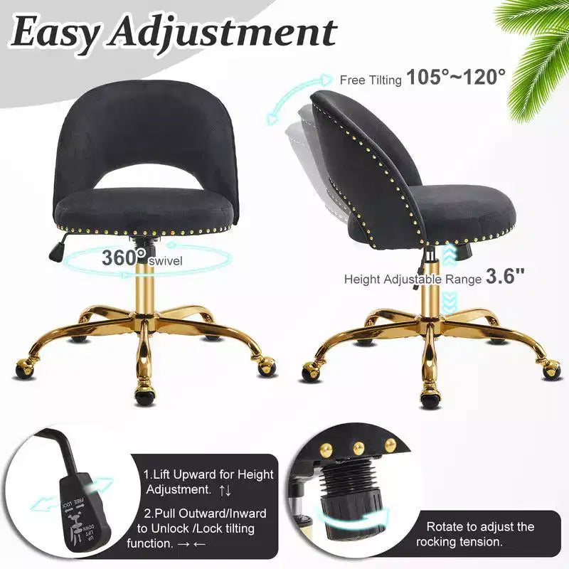 Fauteuil de bureau en velours – Hauteur réglable 48-58 cm, pivotant à 360°, 150 kg, avec roulettes