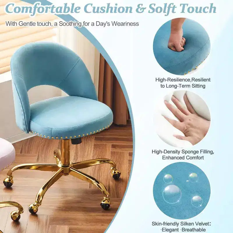 Fauteuil de bureau en velours – Hauteur réglable 48-58 cm, pivotant à 360°, 150 kg, avec roulettes