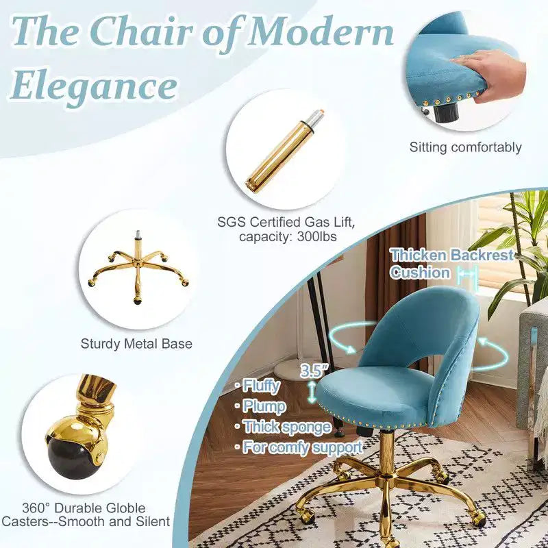 Fauteuil de bureau en velours – Hauteur réglable 48-58 cm, pivotant à 360°, 150 kg, avec roulettes