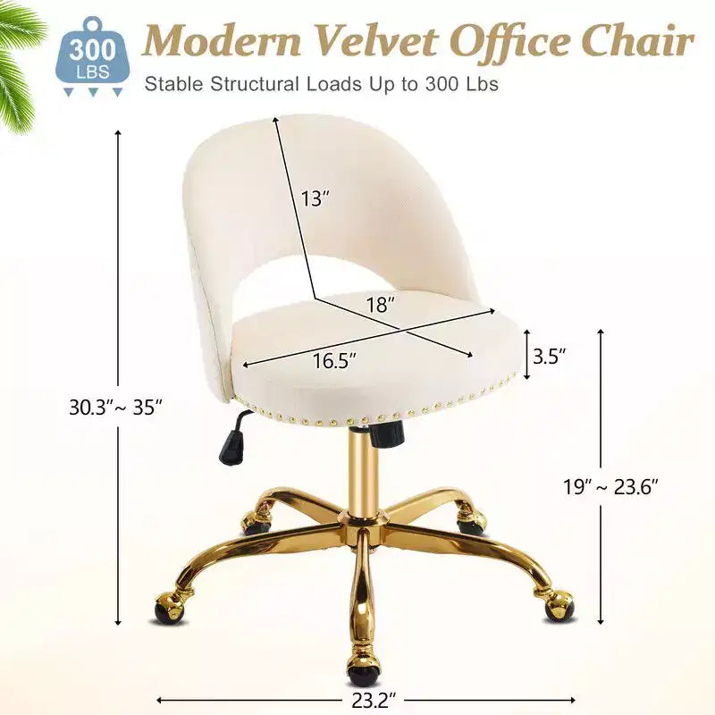 Fauteuil de bureau en velours – Hauteur réglable 48-58 cm, pivotant à 360°, 150 kg, avec roulettes