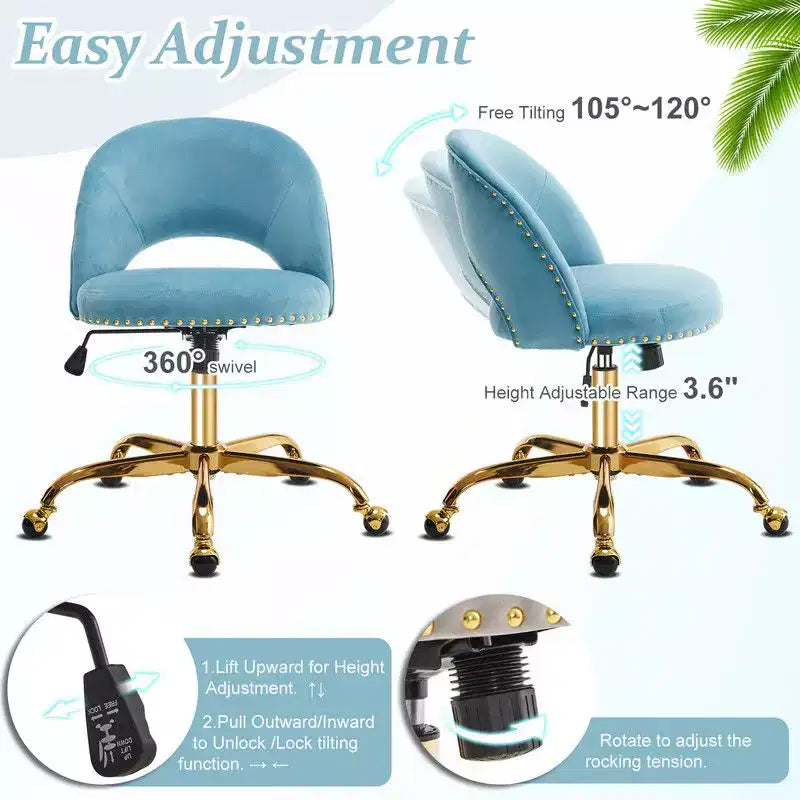 Fauteuil de bureau en velours – Hauteur réglable 48-58 cm, pivotant à 360°, 150 kg, avec roulettes