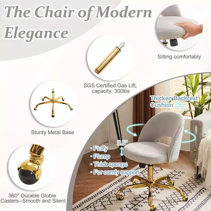 Fauteuil de bureau en velours – Hauteur réglable 48-58 cm, pivotant à 360°, 150 kg, avec roulettes