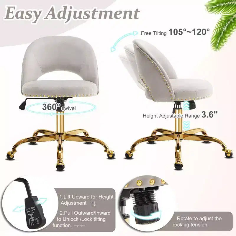 Fauteuil de bureau en velours – Hauteur réglable 48-58 cm, pivotant à 360°, 150 kg, avec roulettes