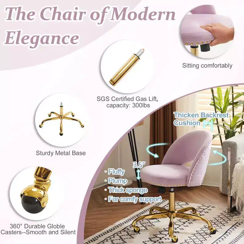 Fauteuil de bureau en velours – Hauteur réglable 48-58 cm, pivotant à 360°, 150 kg, avec roulettes