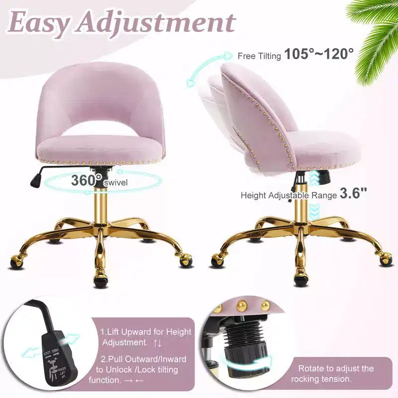 Fauteuil de bureau en velours – Hauteur réglable 48-58 cm, pivotant à 360°, 150 kg, avec roulettes