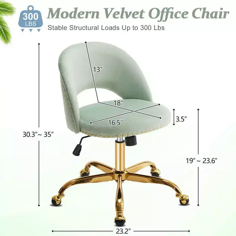 Fauteuil de bureau en velours – Hauteur réglable 48-58 cm, pivotant à 360°, 150 kg, avec roulettes