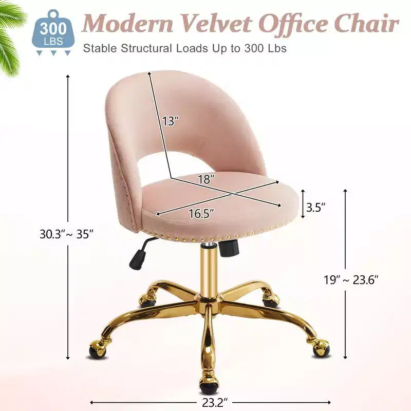 Fauteuil de bureau en velours – Hauteur réglable 48-58 cm, pivotant à 360°, 150 kg, avec roulettes