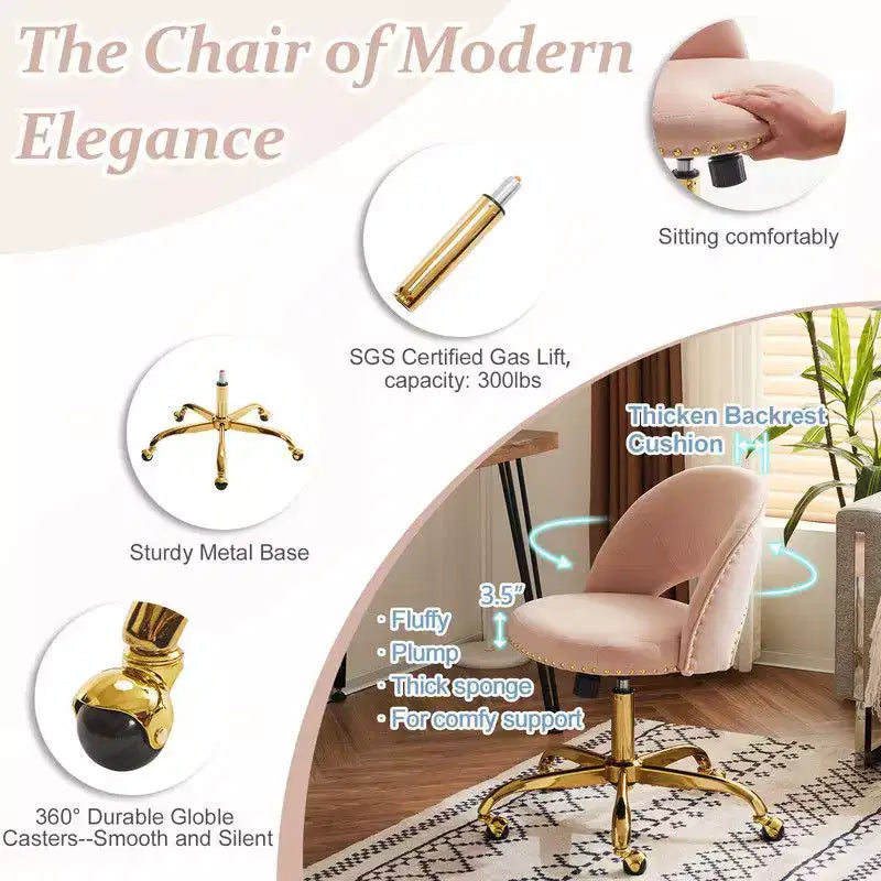 Fauteuil de bureau en velours – Hauteur réglable 48-58 cm, pivotant à 360°, 150 kg, avec roulettes