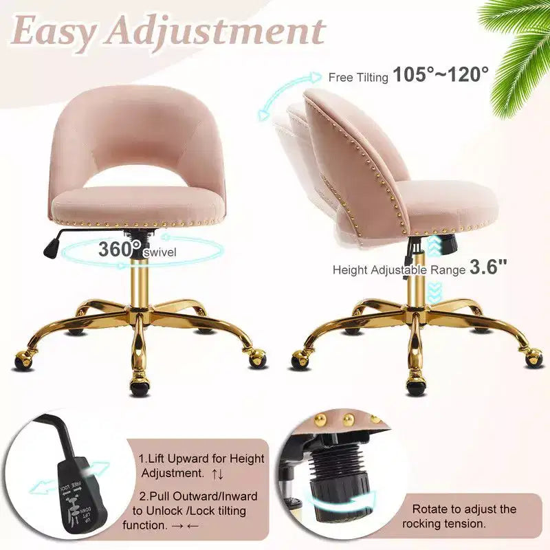 Fauteuil de bureau en velours – Hauteur réglable 48-58 cm, pivotant à 360°, 150 kg, avec roulettes