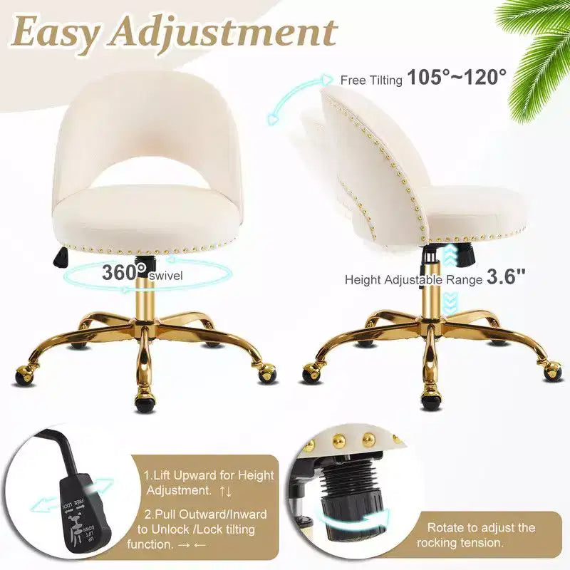 Fauteuil de bureau en velours – Hauteur réglable 48-58 cm, pivotant à 360°, 150 kg, avec roulettes