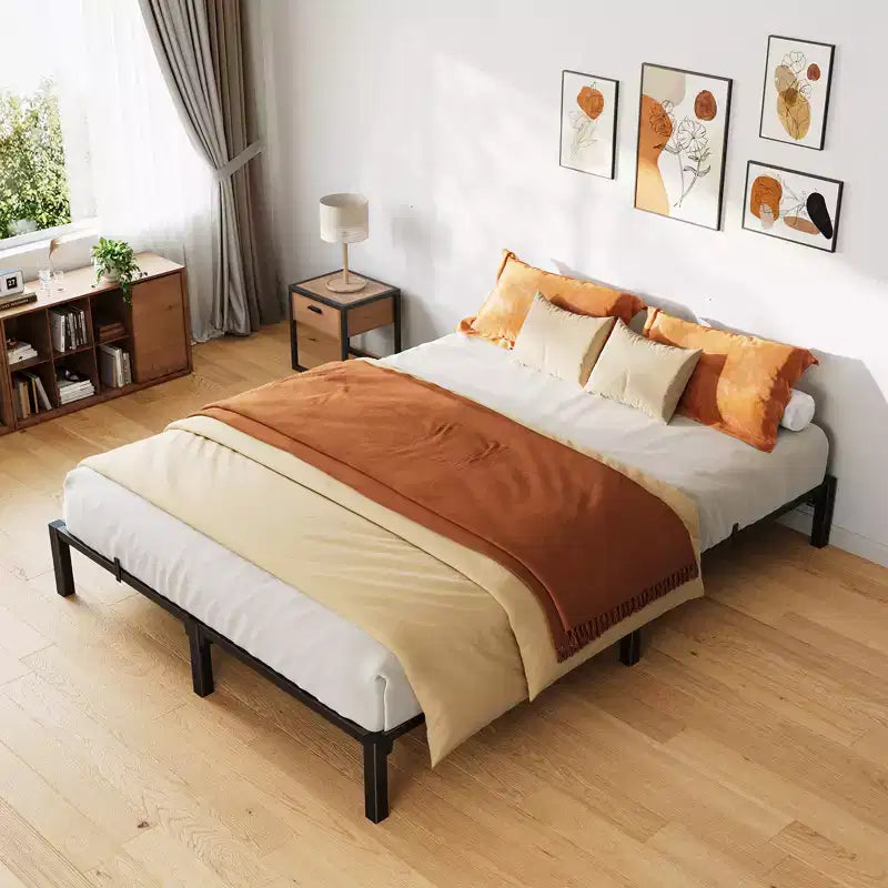 Cadre de lit plateforme en métal, taille double – hauteur 15 cm, capacité 360 kg, sans sommier à ressorts