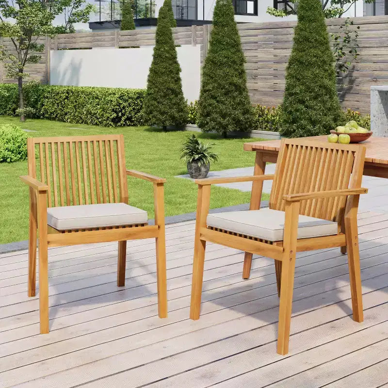 Chaises de salle à manger d'extérieur en bois d'acacia rustique Christopher Knight Home Sierra avec coussins (Lot de 2)