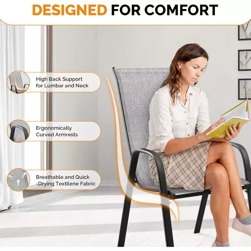 Chaises de patio empilables VINGLI avec dossier haut en textilène, accoudoirs, pour pelouse, piscine, jardin