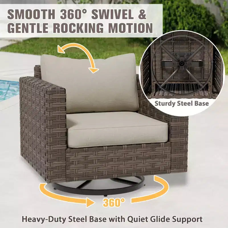 Fauteuil à bascule pivotant large en osier EAGLE PEAK Harbor Haven avec coussins pour patio extérieur