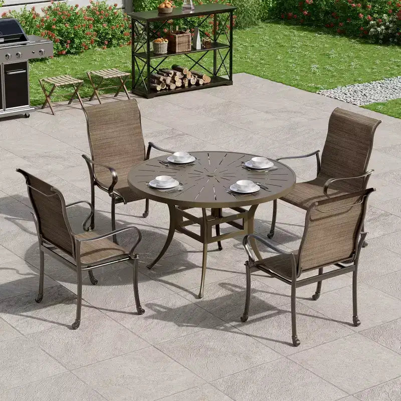 Mondawe Chaise de salle à manger d'extérieur en fonte d'aluminium avec assise en textilène et dossier haut (Lot de 4)