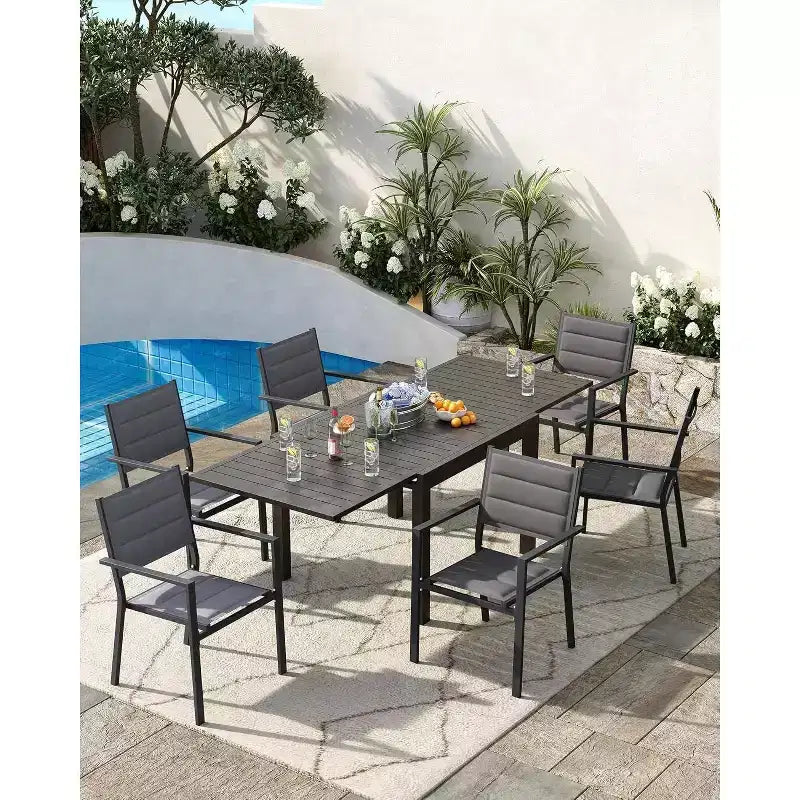 Acekool, ensemble de 2 chaises de salle à manger d'extérieur empilables avec cadre en aluminium et accoudoirs, chaises de patio légères pour la cour et le jardin.