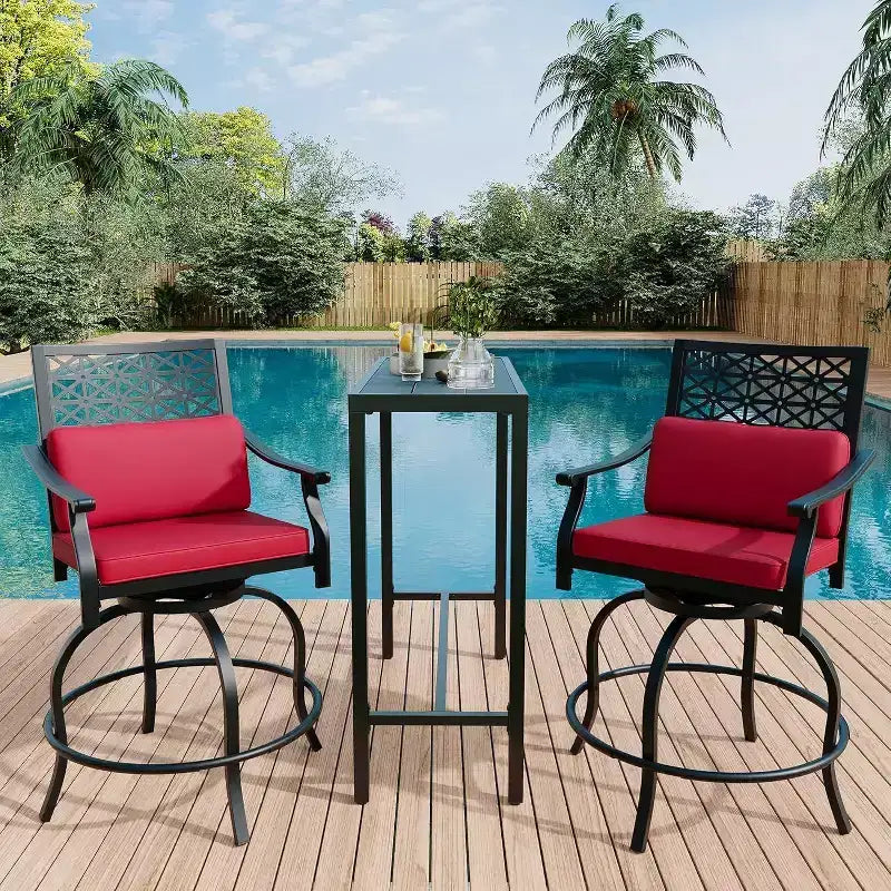 Acekool 3-Piece Patio Bar Set with 2 Swivel Bar Stools and Metal Table, Counter Height Outdoor Seating with Cushions, Red