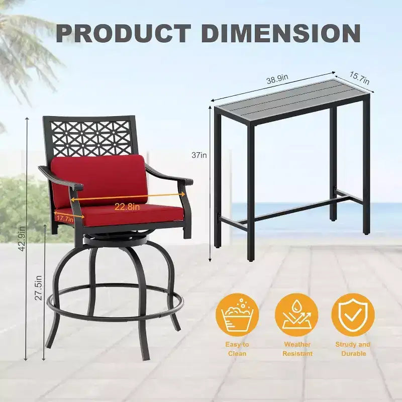 Ensemble de bar de patio 3 pièces Acekool avec 2 tabourets de bar pivotants et une table en métal, sièges d'extérieur hauteur comptoir avec coussins, rouge