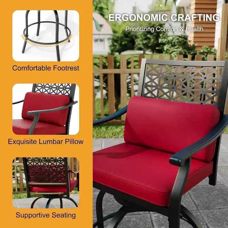Ensemble de bar de patio 3 pièces Acekool avec 2 tabourets de bar pivotants et une table en métal, sièges d'extérieur hauteur comptoir avec coussins, rouge