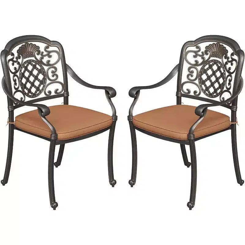 Acekool – Lot de 2 chaises de salle à manger d'extérieur avec coussins, chaises en aluminium moulé résistant aux intempéries, bronze foncé
