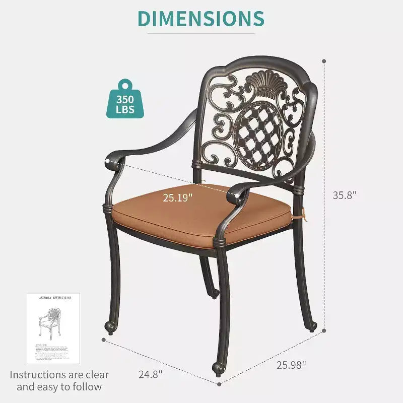 Acekool – Lot de 2 chaises de salle à manger d'extérieur avec coussins, chaises en aluminium moulé résistant aux intempéries, bronze foncé