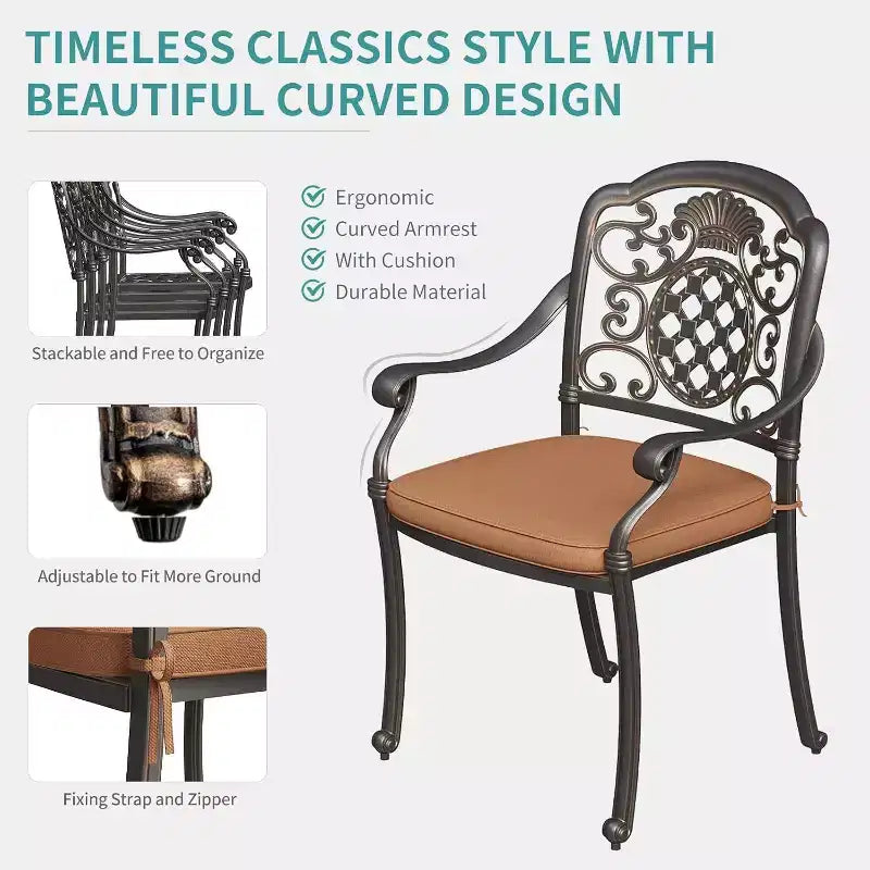 Acekool – Lot de 2 chaises de salle à manger d'extérieur avec coussins, chaises en aluminium moulé résistant aux intempéries, bronze foncé