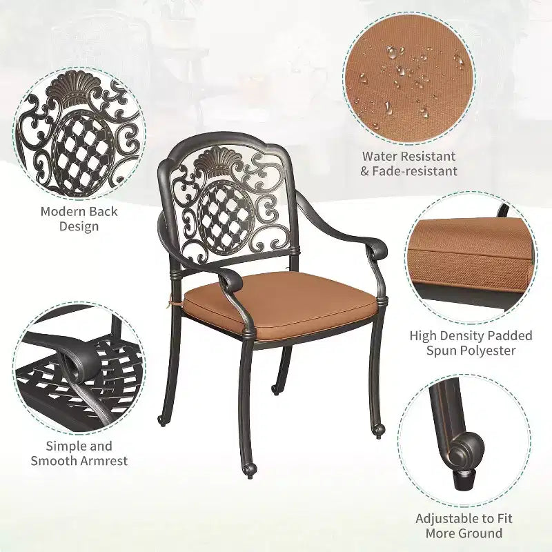 Acekool – Lot de 2 chaises de salle à manger d'extérieur avec coussins, chaises en aluminium moulé résistant aux intempéries, bronze foncé