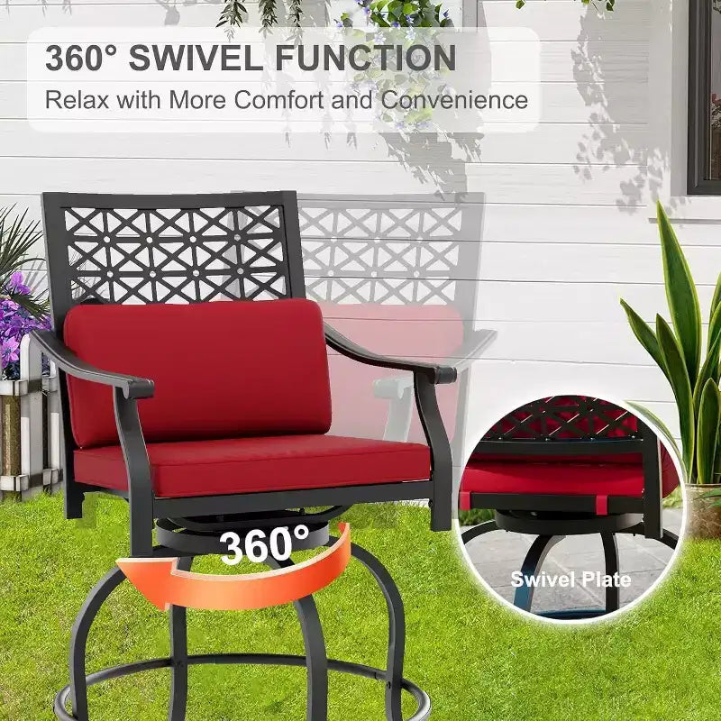 Ensemble de 4 tabourets de bar pivotants Acekool – Chaises de patio d'extérieur hauteur comptoir avec coussins, rouge