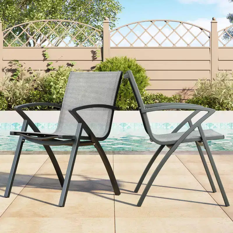 Acekool 7-Piece Aluminum Patio Dining Set - Outdoor Table with 6 Stackable Chairs, Umbrella Hole, Black