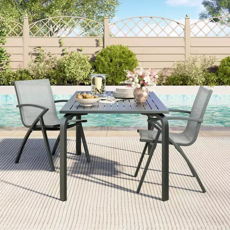 Acekool Ensemble de salle à manger de patio en aluminium 7 pièces - Table d'extérieur avec 6 chaises empilables, trou pour parasol, noir