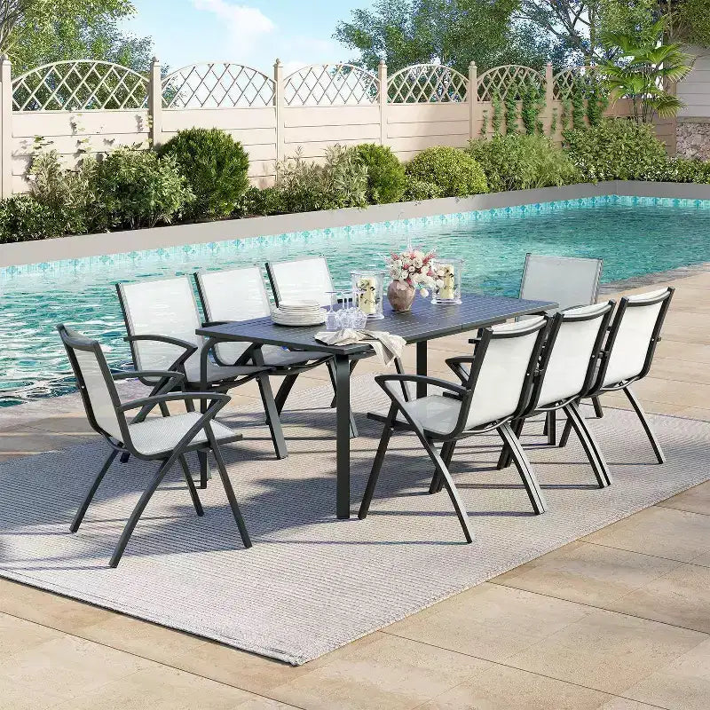 Acekool Ensemble de salle à manger de patio en aluminium 7 pièces - Table d'extérieur avec 6 chaises empilables, trou pour parasol, noir